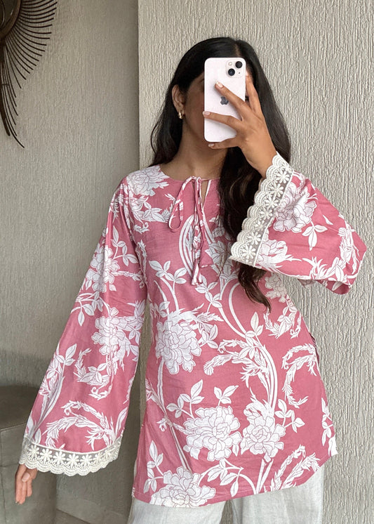 Pink bell sleeves short kurti