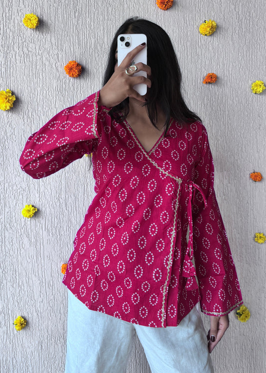 Pink Bandhani wrap-tie short kurti
