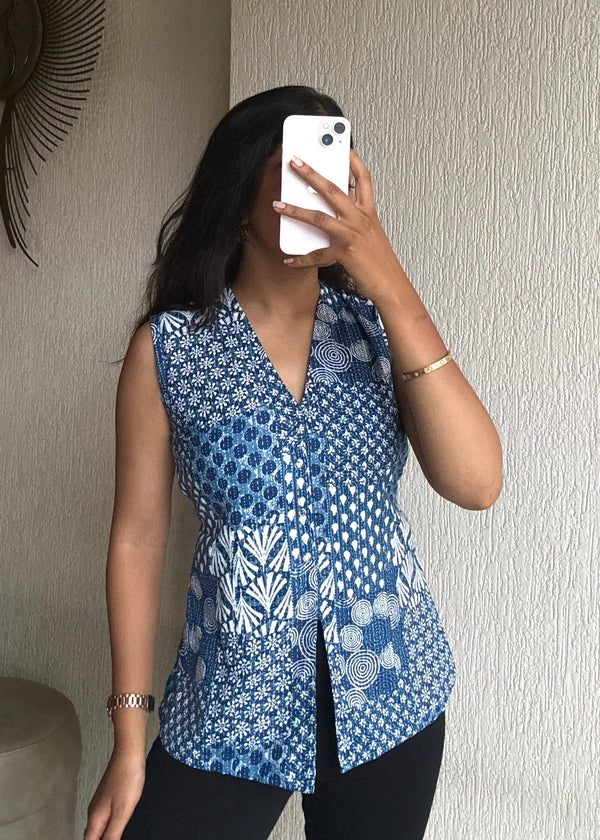 Blue patchwork cotton long vest