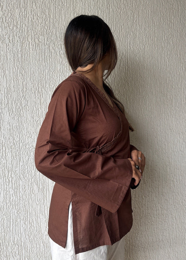 Chocolate wrap-tie solid cotton kurti