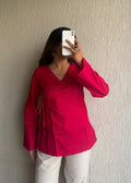 Hot pink solid wrap-tie cotton short kurti