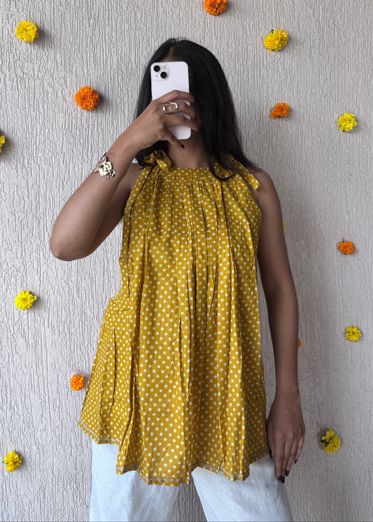 Yellow polka halterneck short kurti