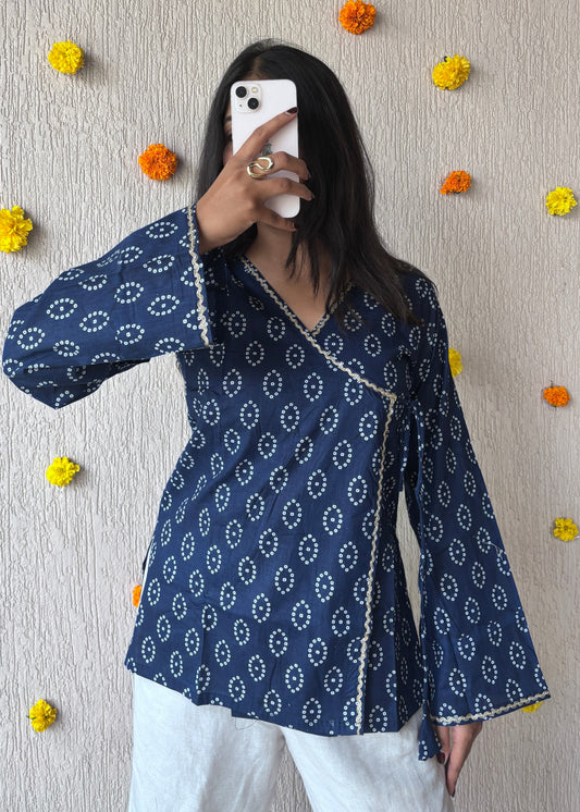 Navyblue Bandhani wrap-tie short kurti