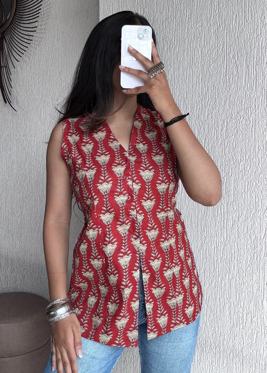Red floral long vest