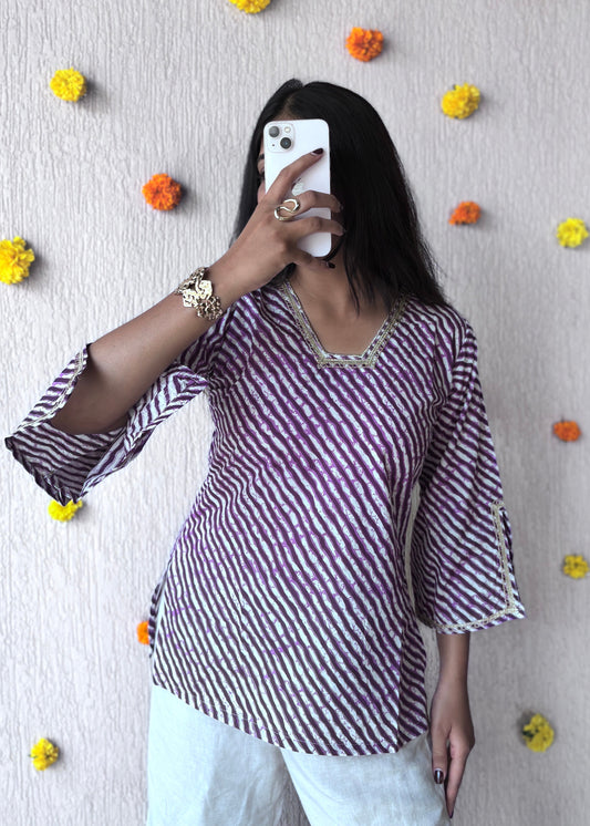 Purple leheriya short kurti