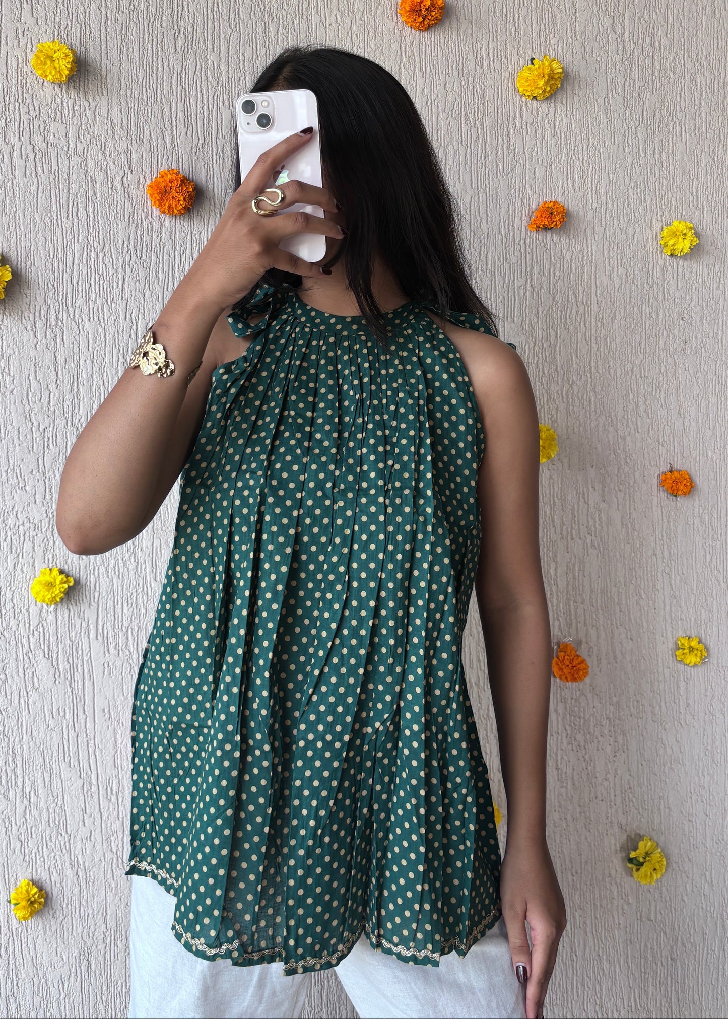 Green polka halterneck short kurti