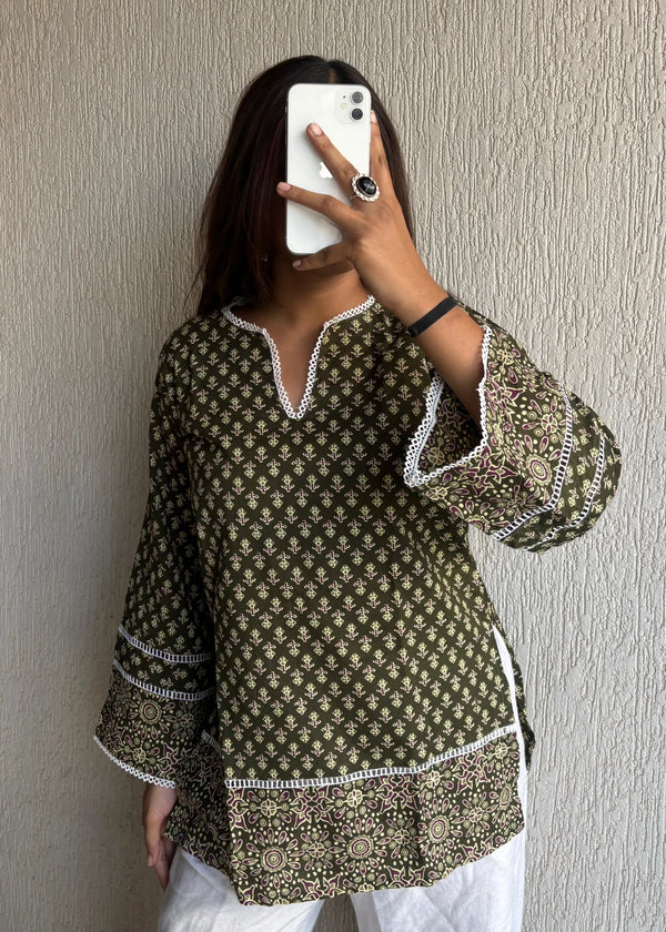Heritage green cotton short kurti