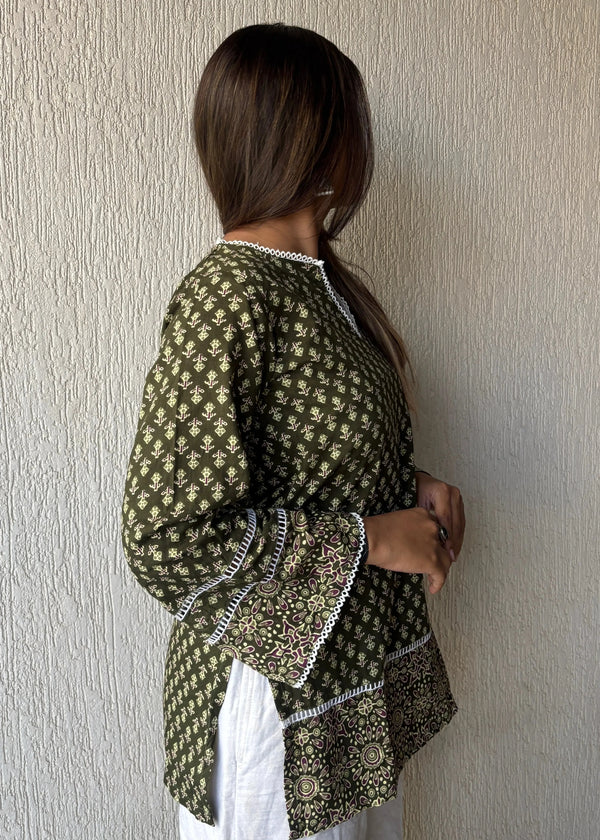Heritage green cotton short kurti