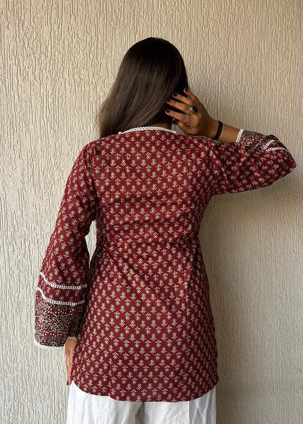 Heritage maroon cotton short kurti