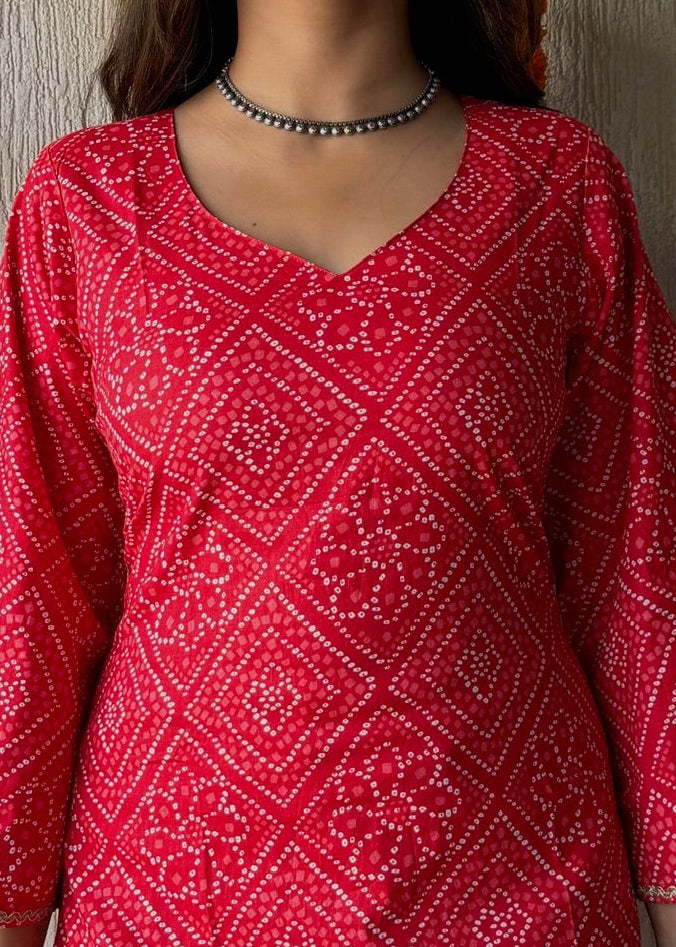 Red bell Bandhani cotton short kurti