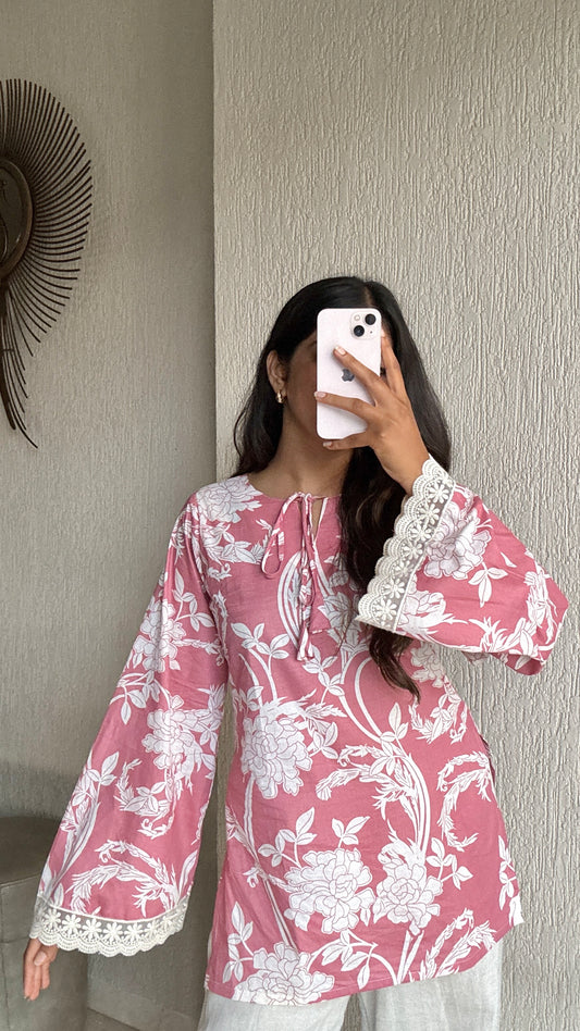 Pink bell sleeves short kurti