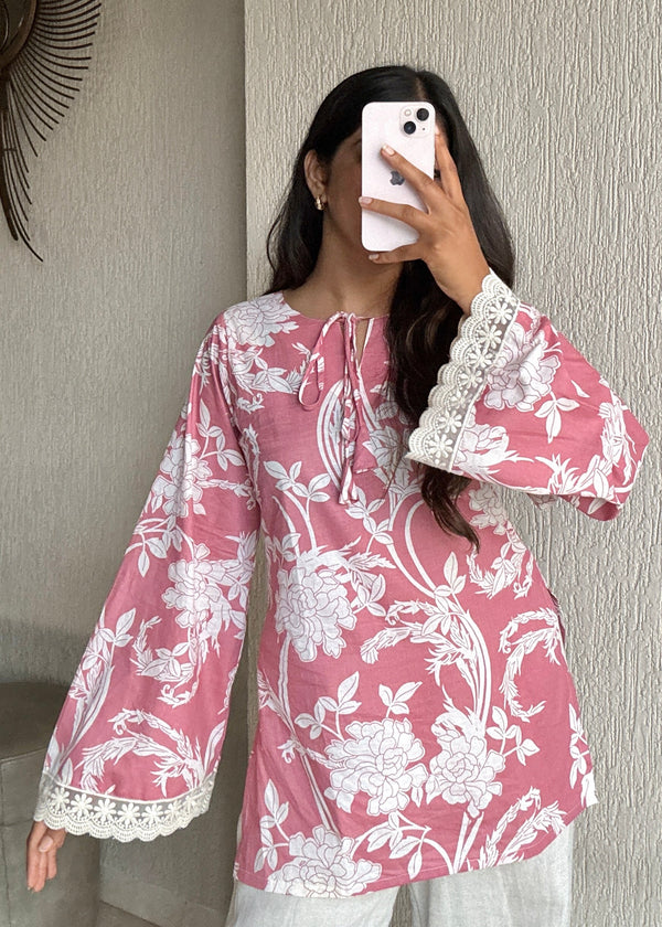 Pink bell sleeves cotton short kurti