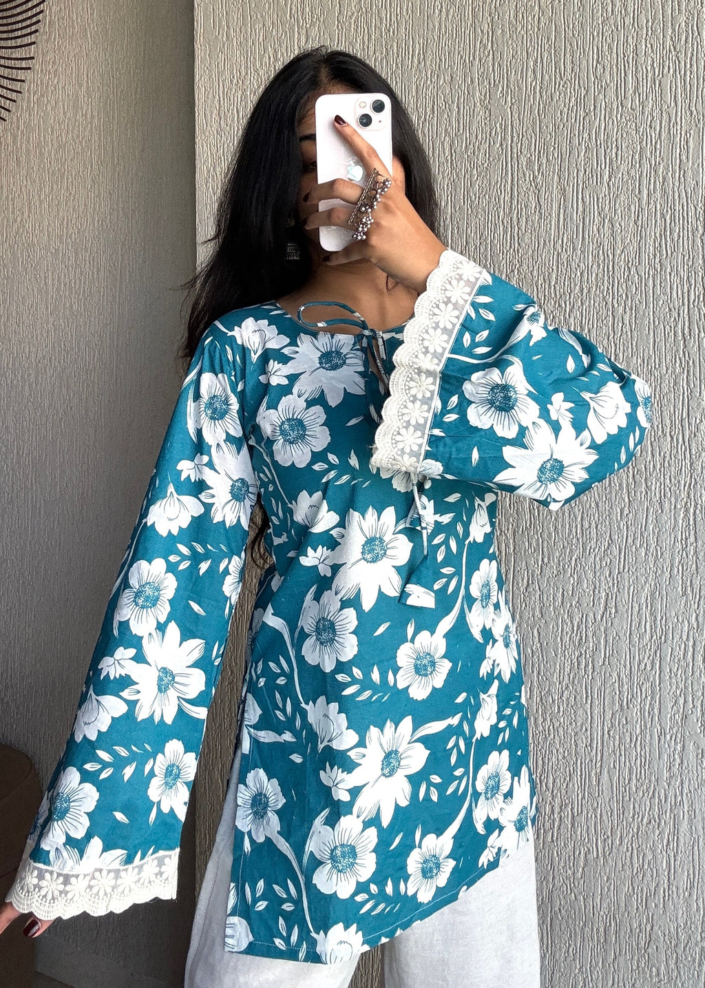 Teal bell sleeves short kurti