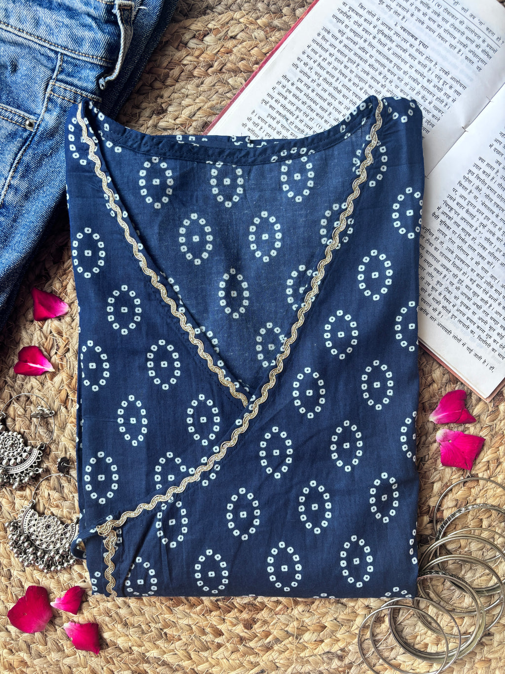 Navyblue Bandhani wrap-tie short kurti