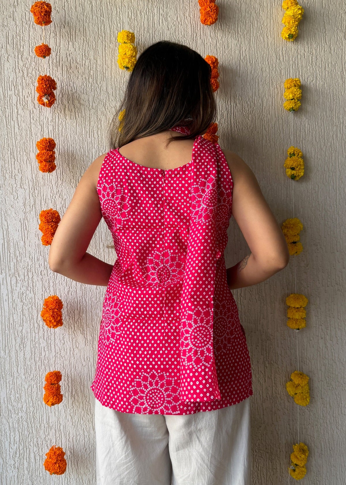 Pink flower cotton short kurti with scarf