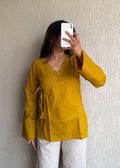 Mustard solid wrap-tie cotton short kurti