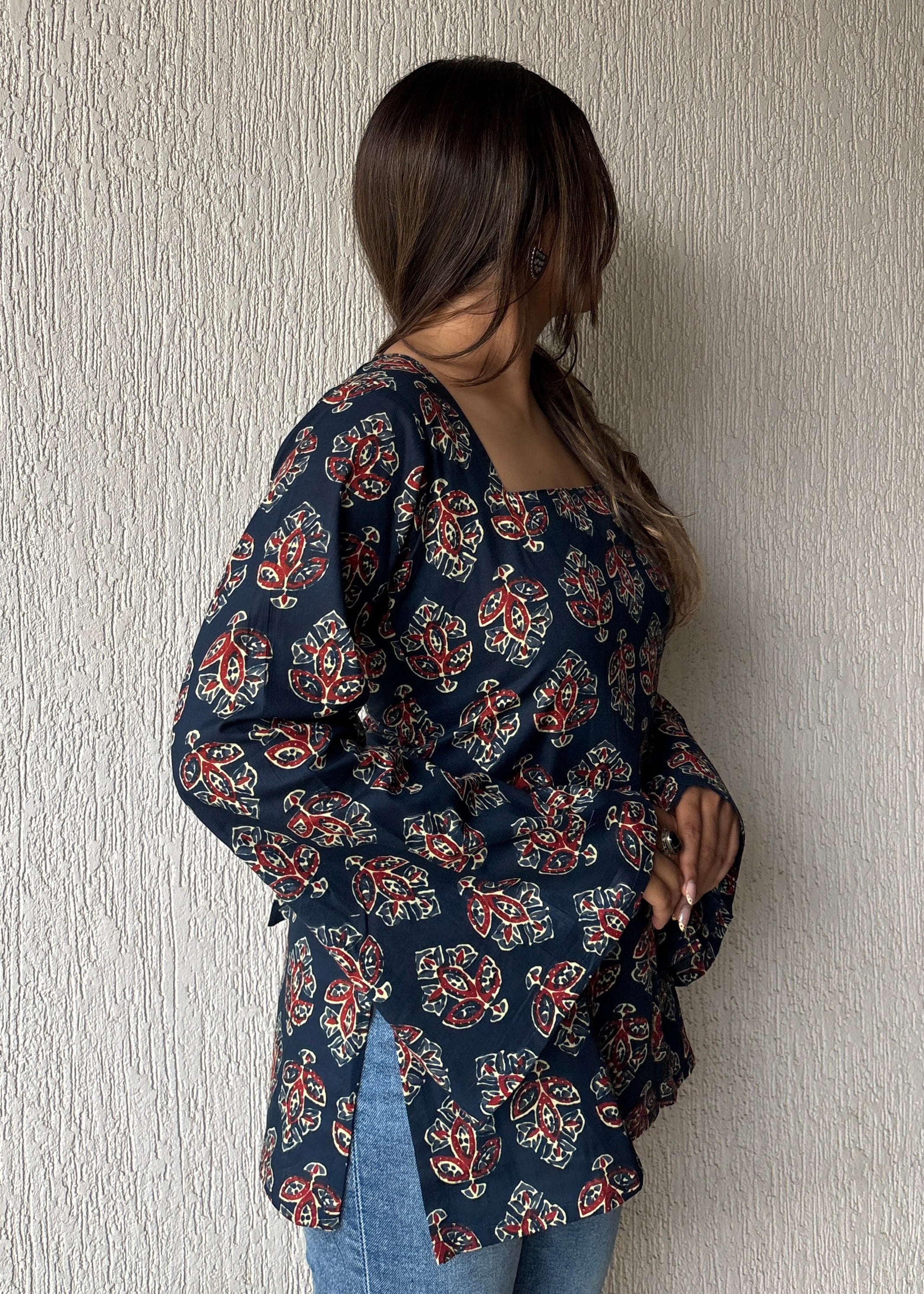 Navy blue square neck short kurti