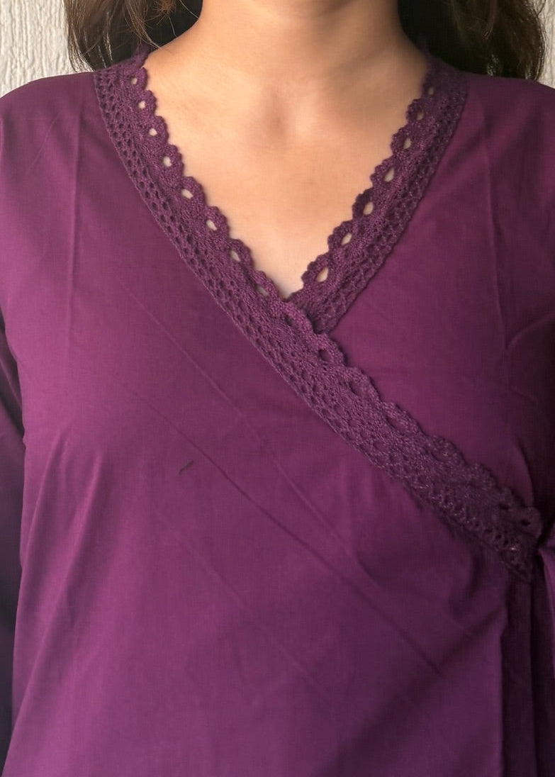 Purple solid wrap-tie cotton short kurti