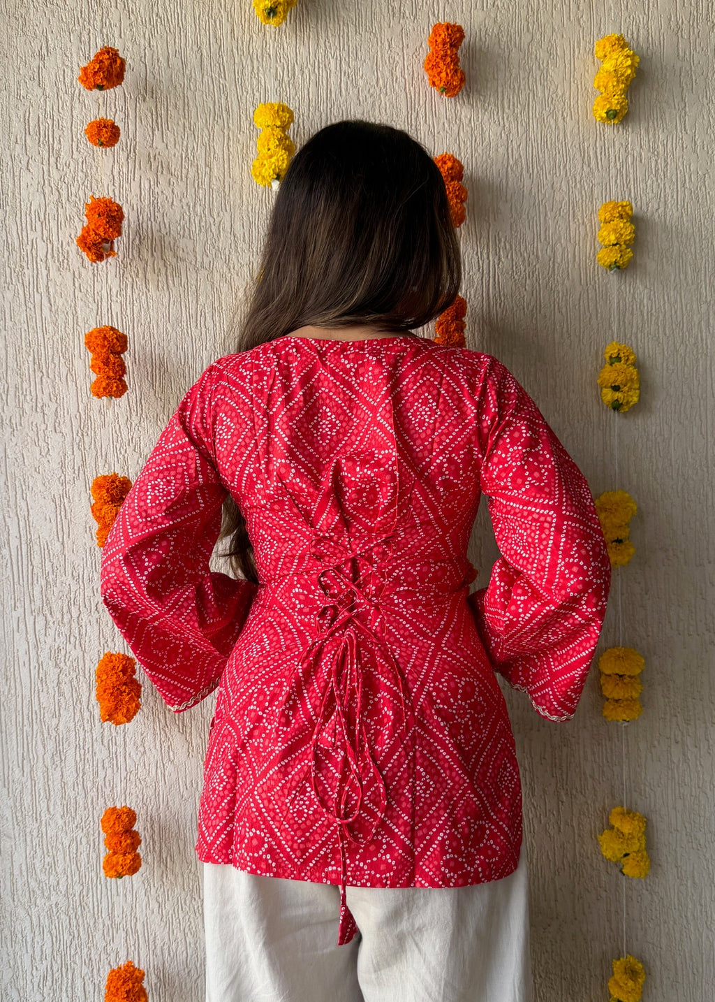 Red bell Bandhani cotton short kurti