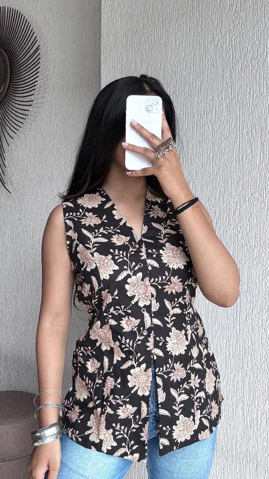 Noor black floral long vest