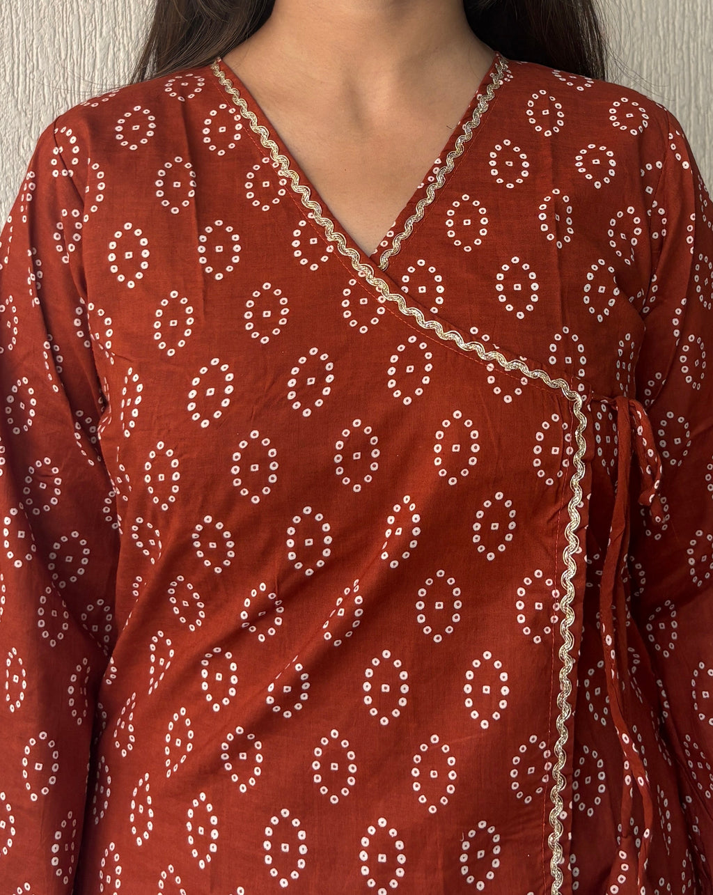 Rust bandhani wrap-tie short kurti