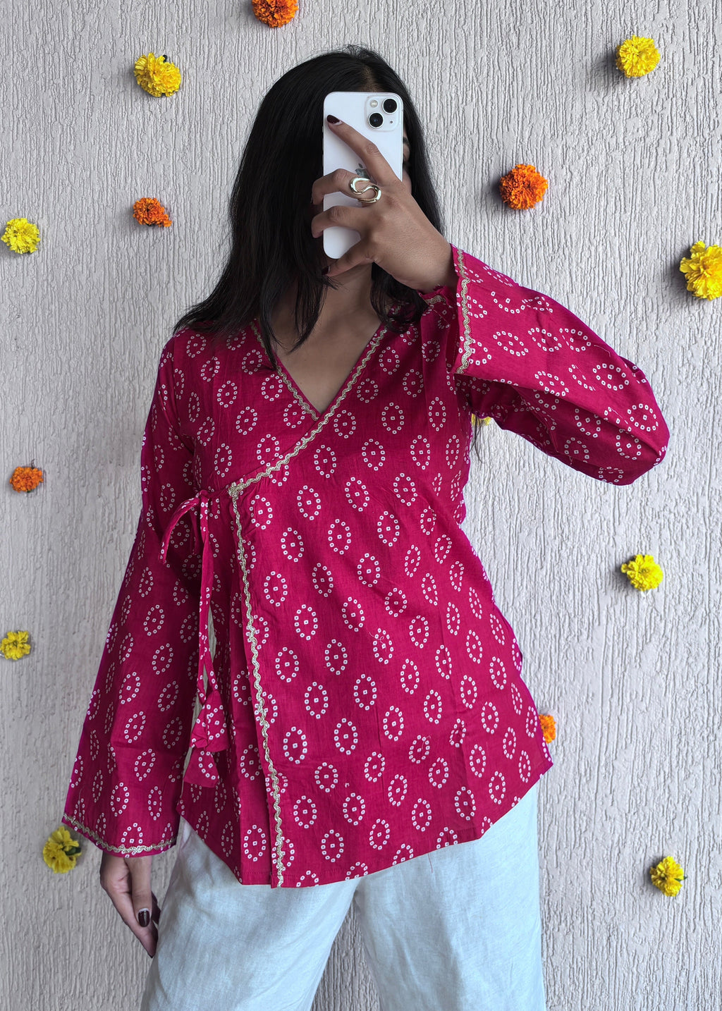 Pink Bandhani wrap-tie short kurti
