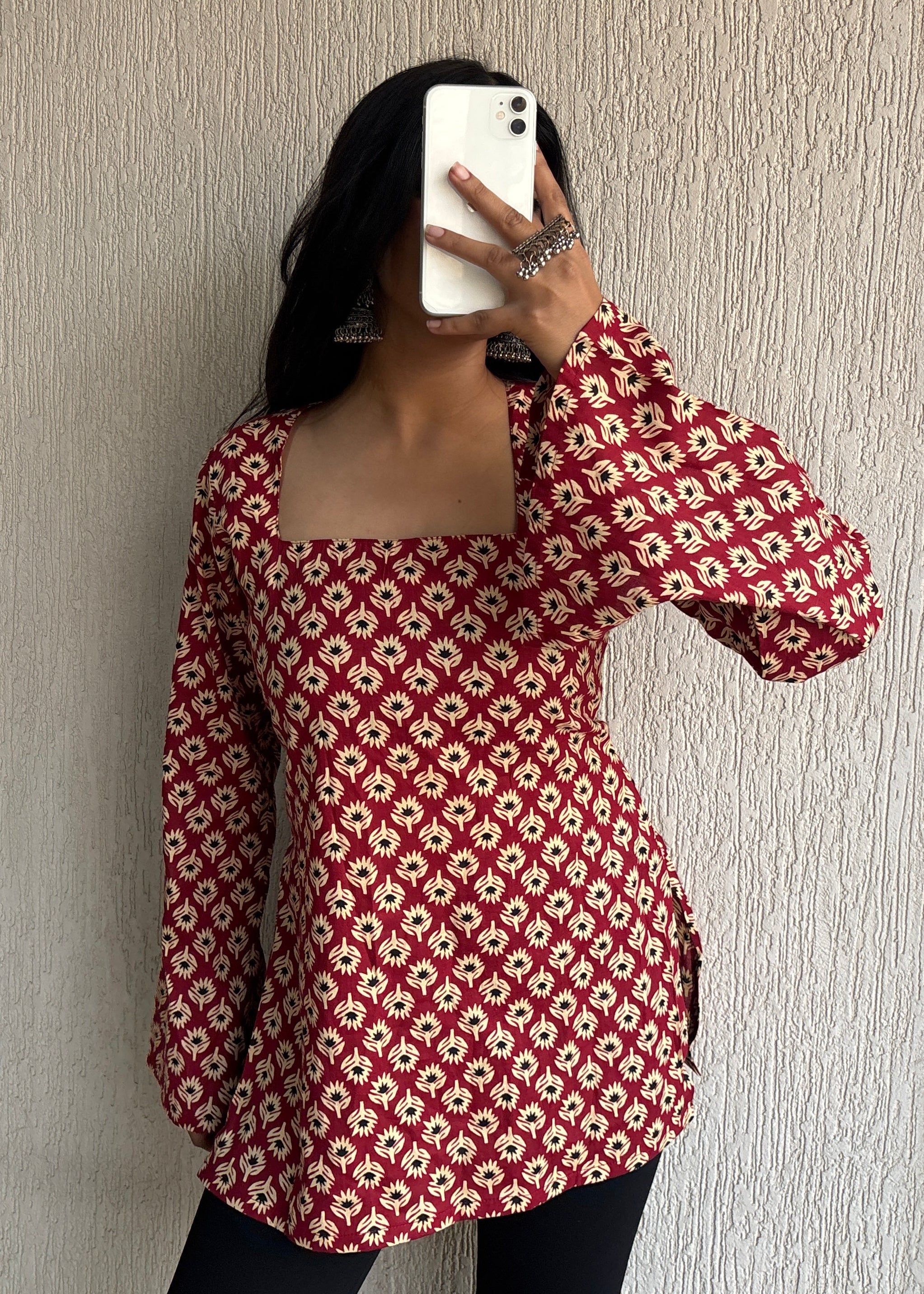 Maroon square neck short kurti