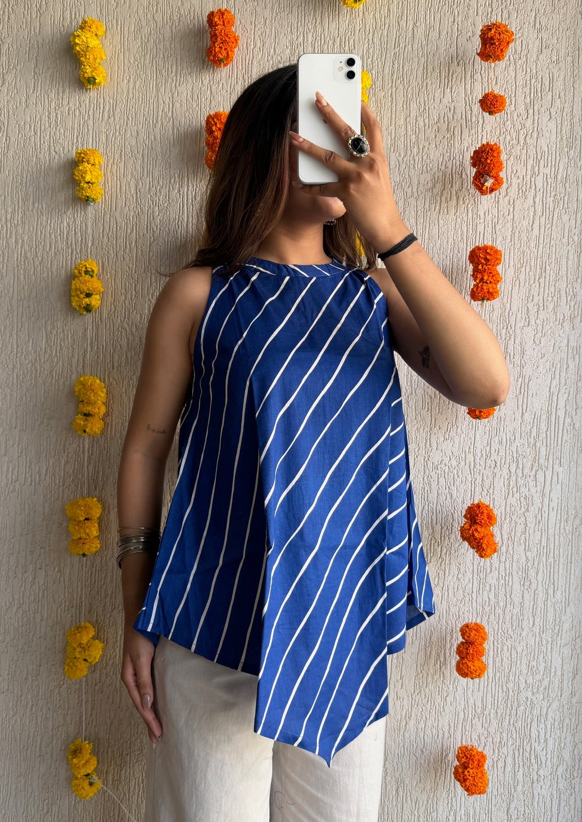 Royal blue Leheriya cotton short kurti