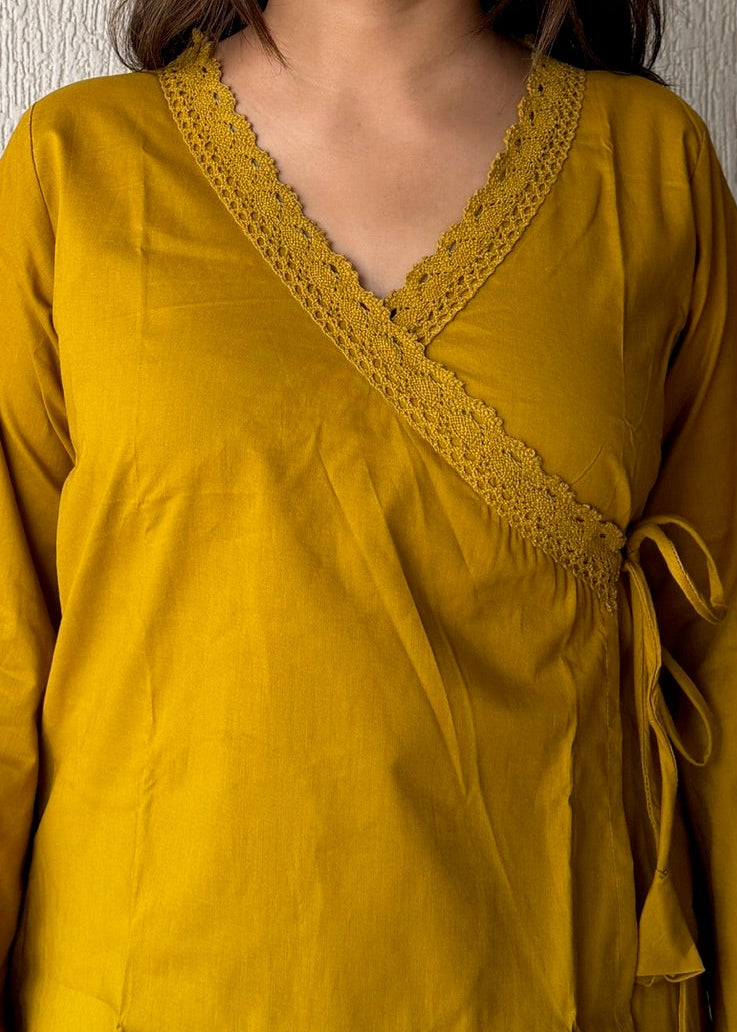 Mustard solid wrap-tie cotton short kurti