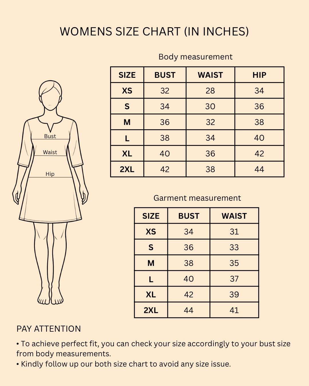 Size chart for Black peplum style short kurti