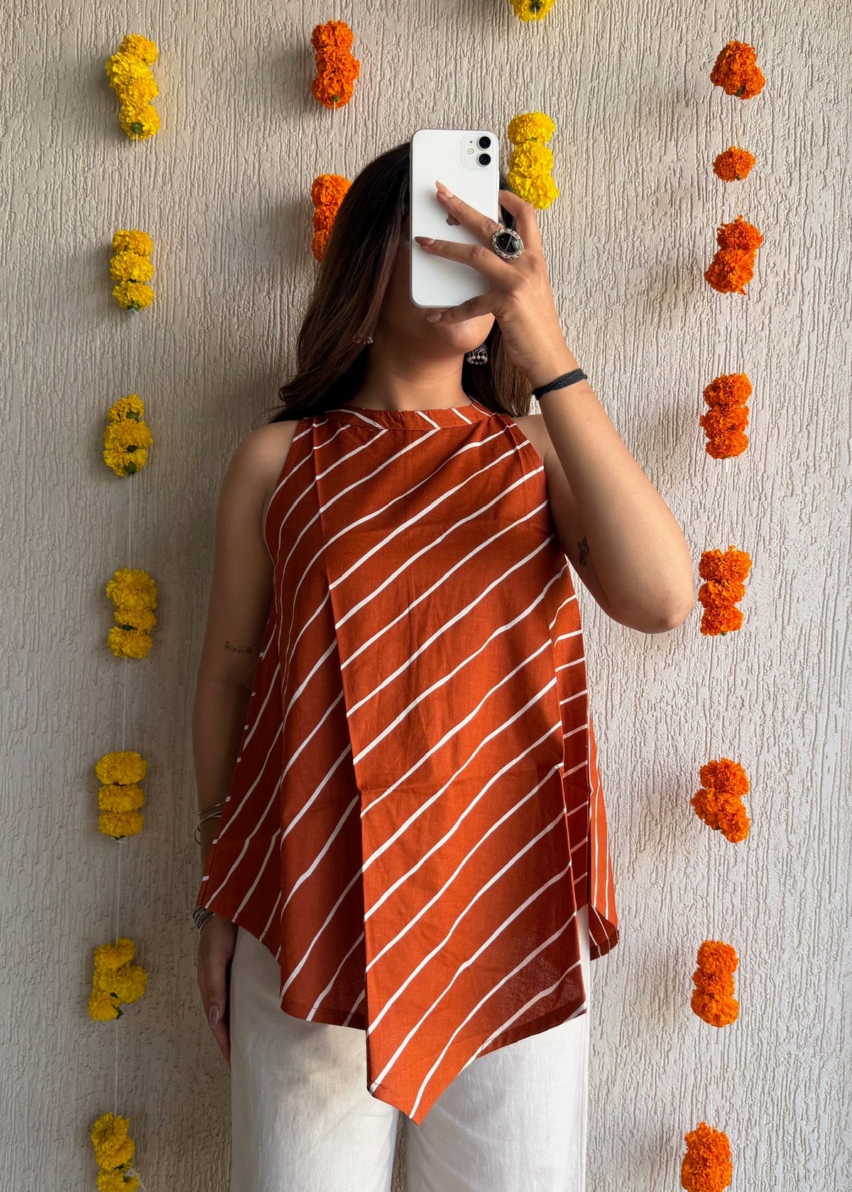 Rust Leheriya cotton short kurti