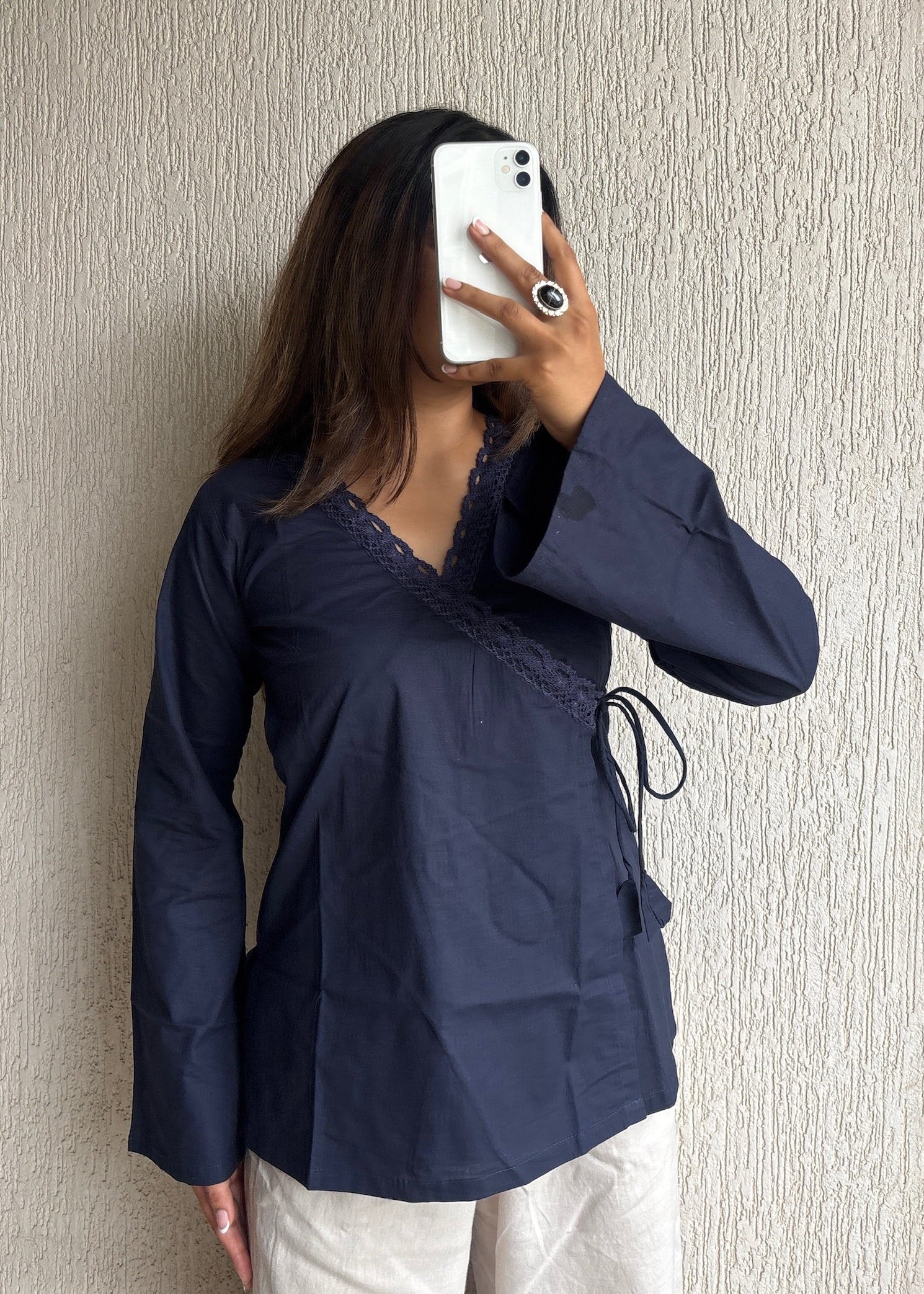 Navyblue wrap-tie solid cotton kurti