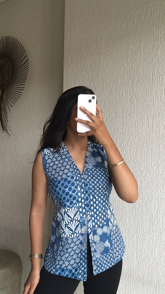 Blue patchwork long vest