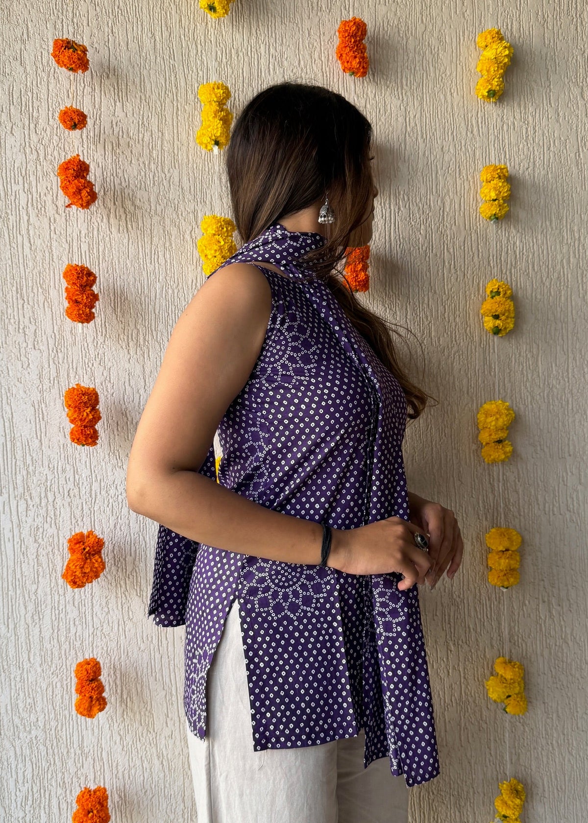 Purple flower cotton short kurti with scarf