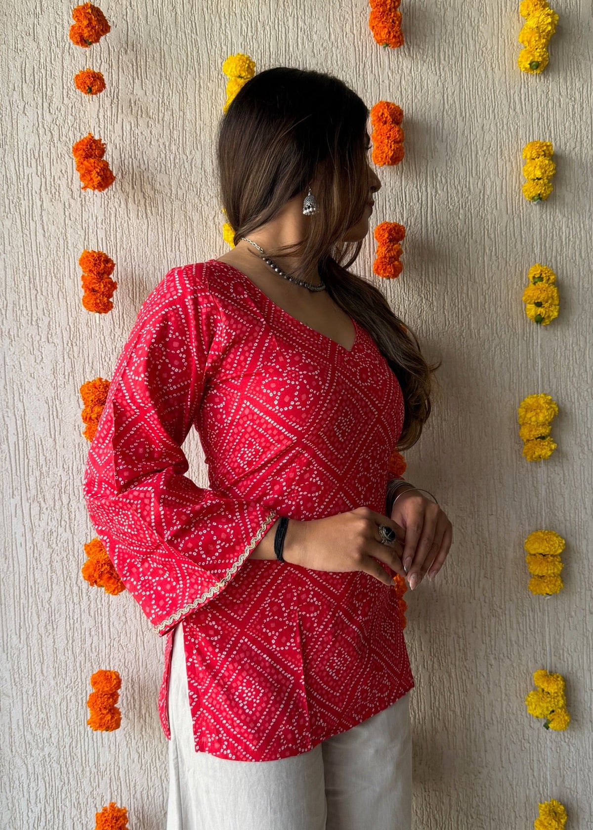 Red bell Bandhani cotton short kurti