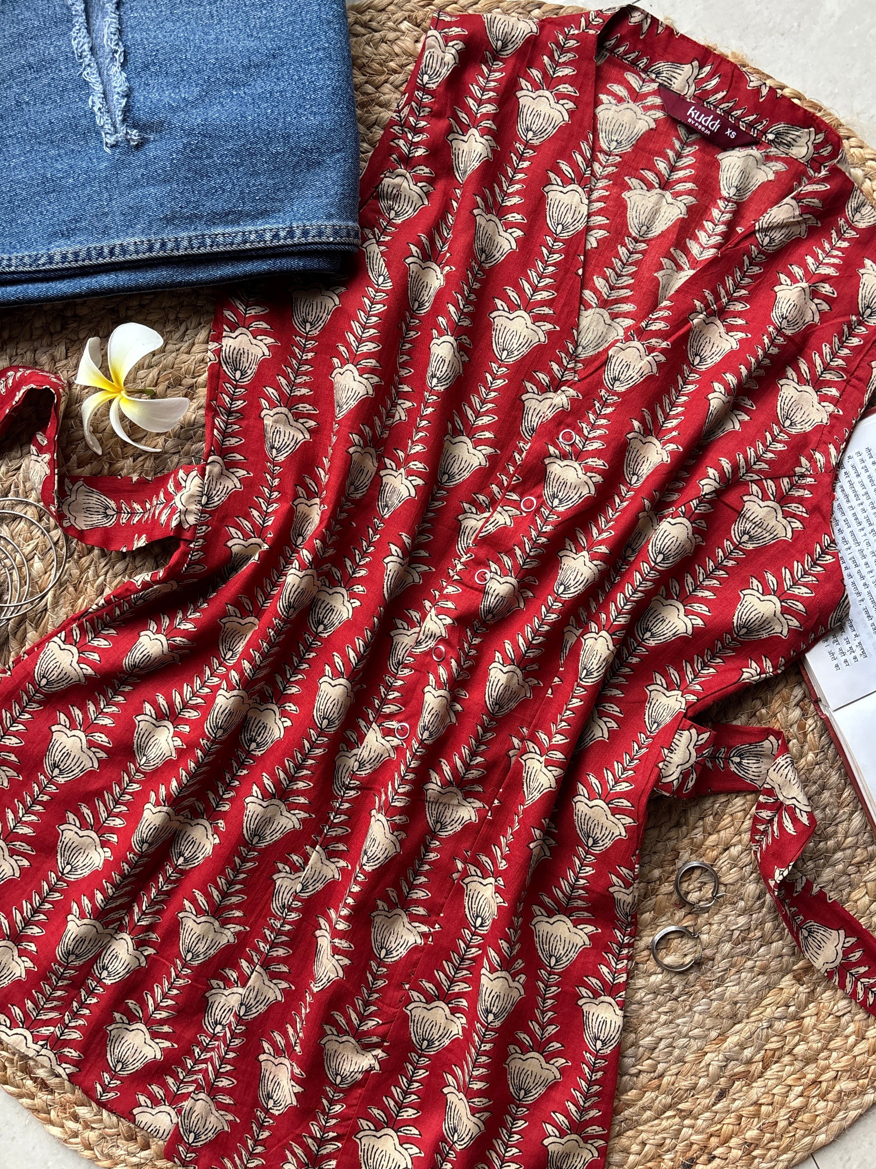 Red floral long vest