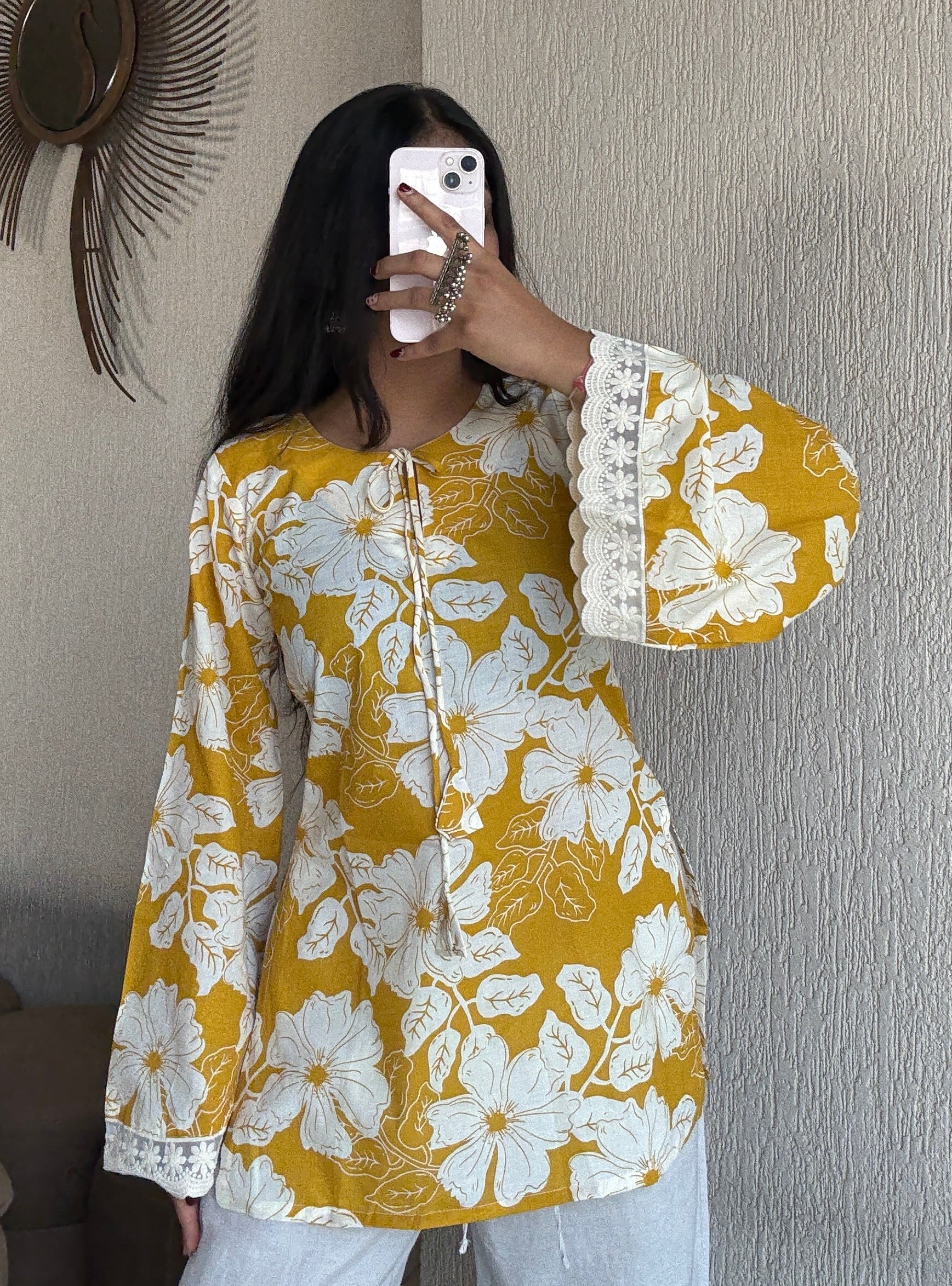 Yellow bell sleeves short kurti