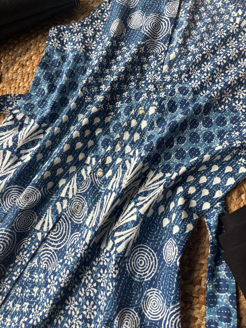 Blue patchwork cotton long vest