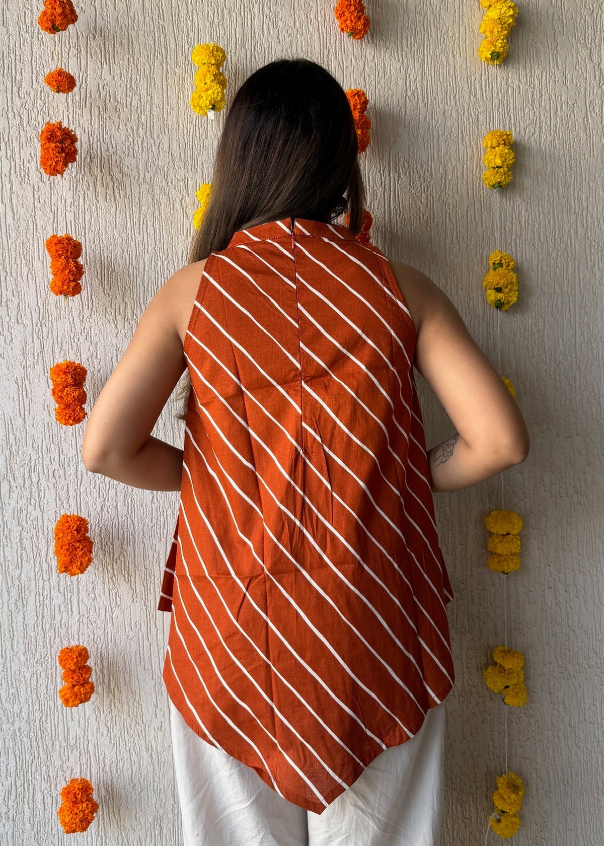 Rust Leheriya cotton short kurti