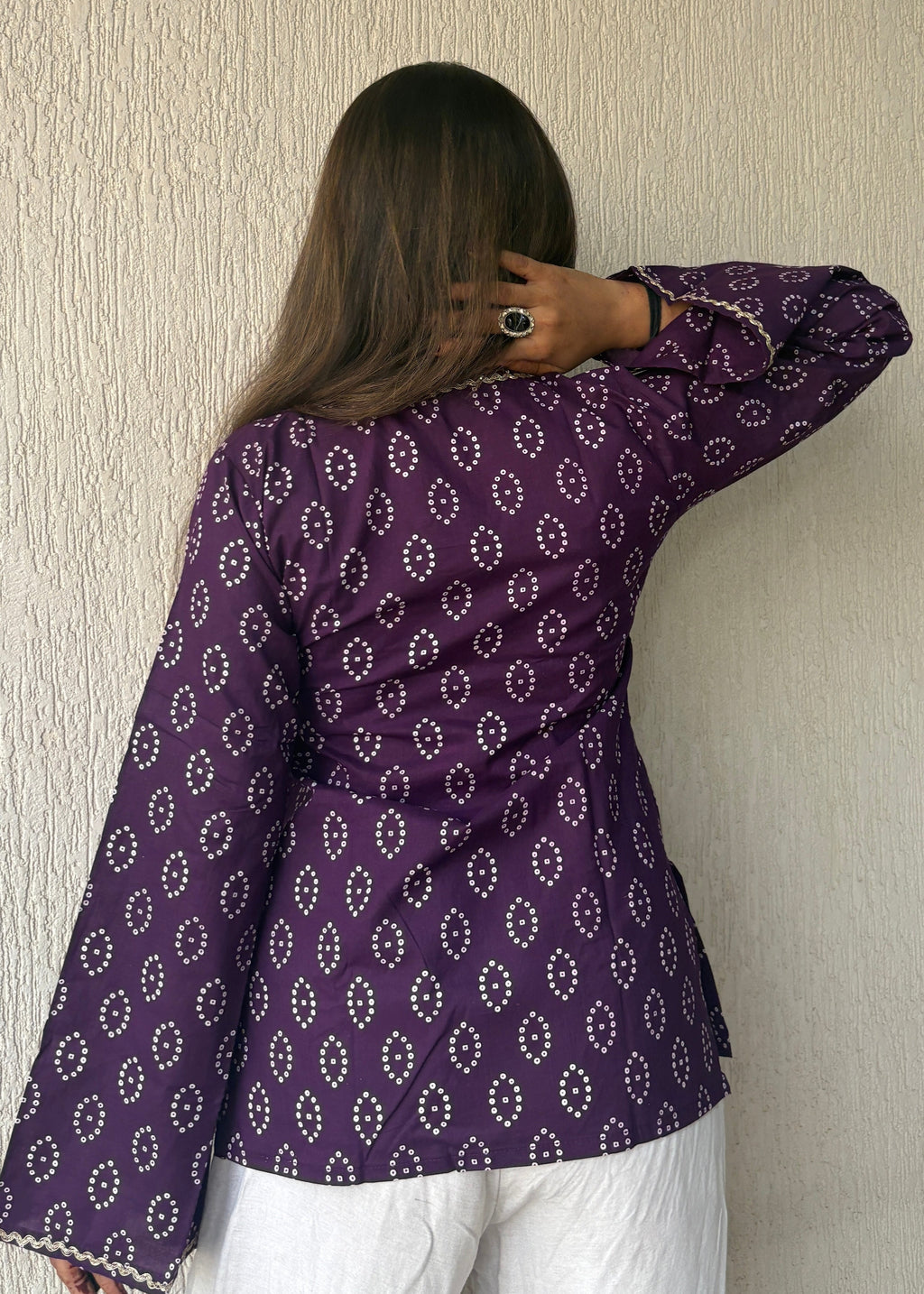 Deep purple bandhani wrap-tie short kurti