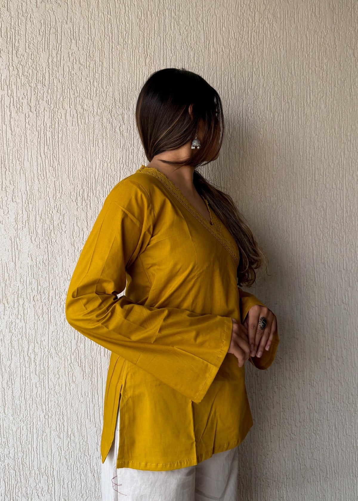 Mustard solid wrap-tie cotton short kurti