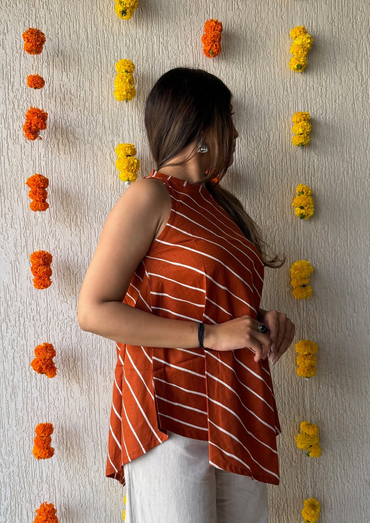 Rust Leheriya cotton short kurti