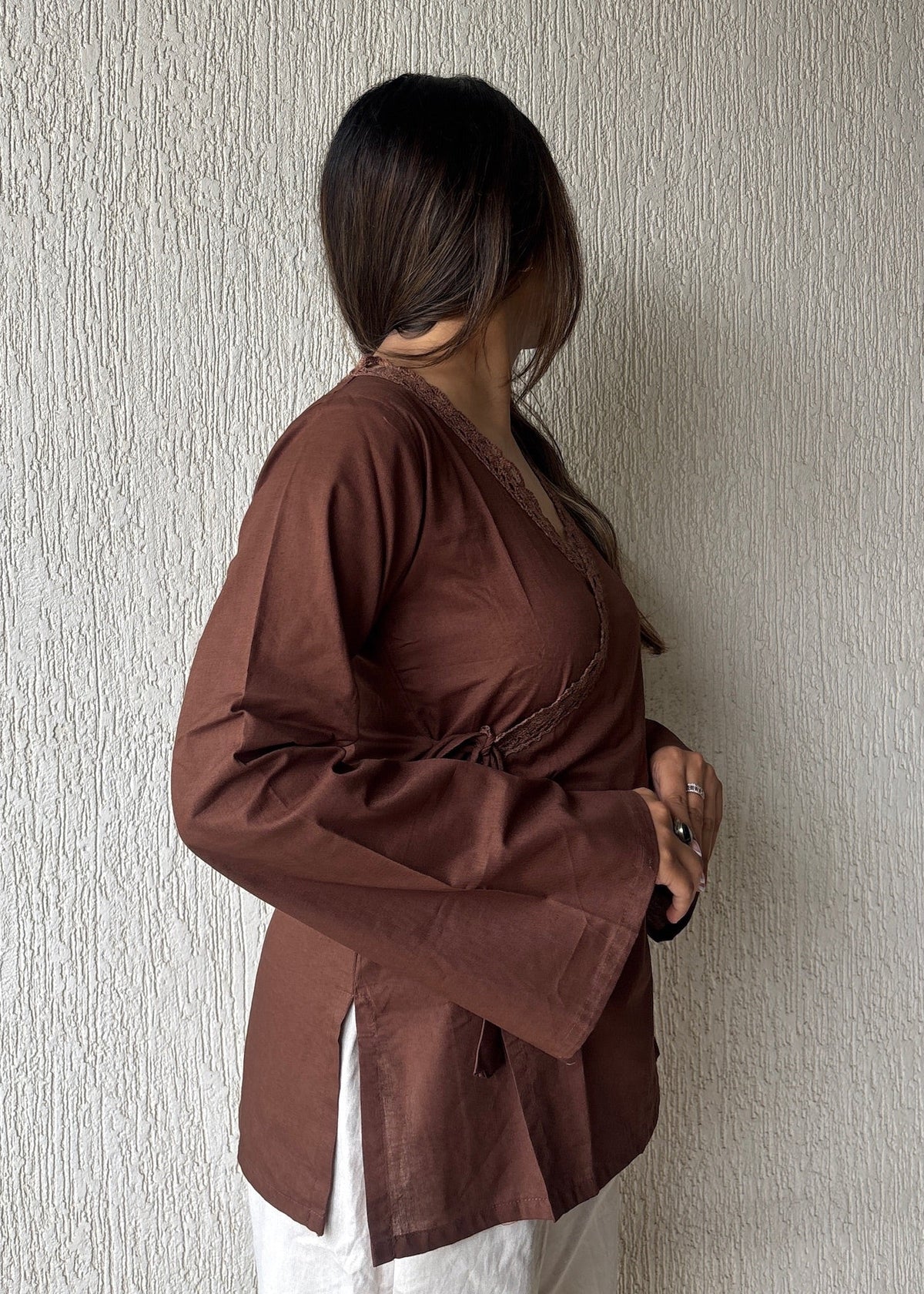 Chocolate wrap-tie solid cotton kurti
