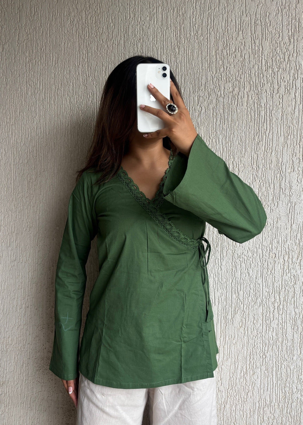 Olive wrap-tie solid cotton kurti