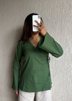 Olive wrap-tie solid cotton kurti