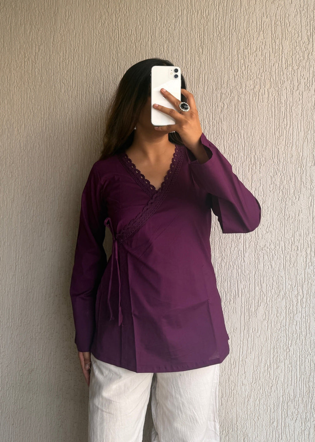 Purple solid wrap-tie cotton short kurti