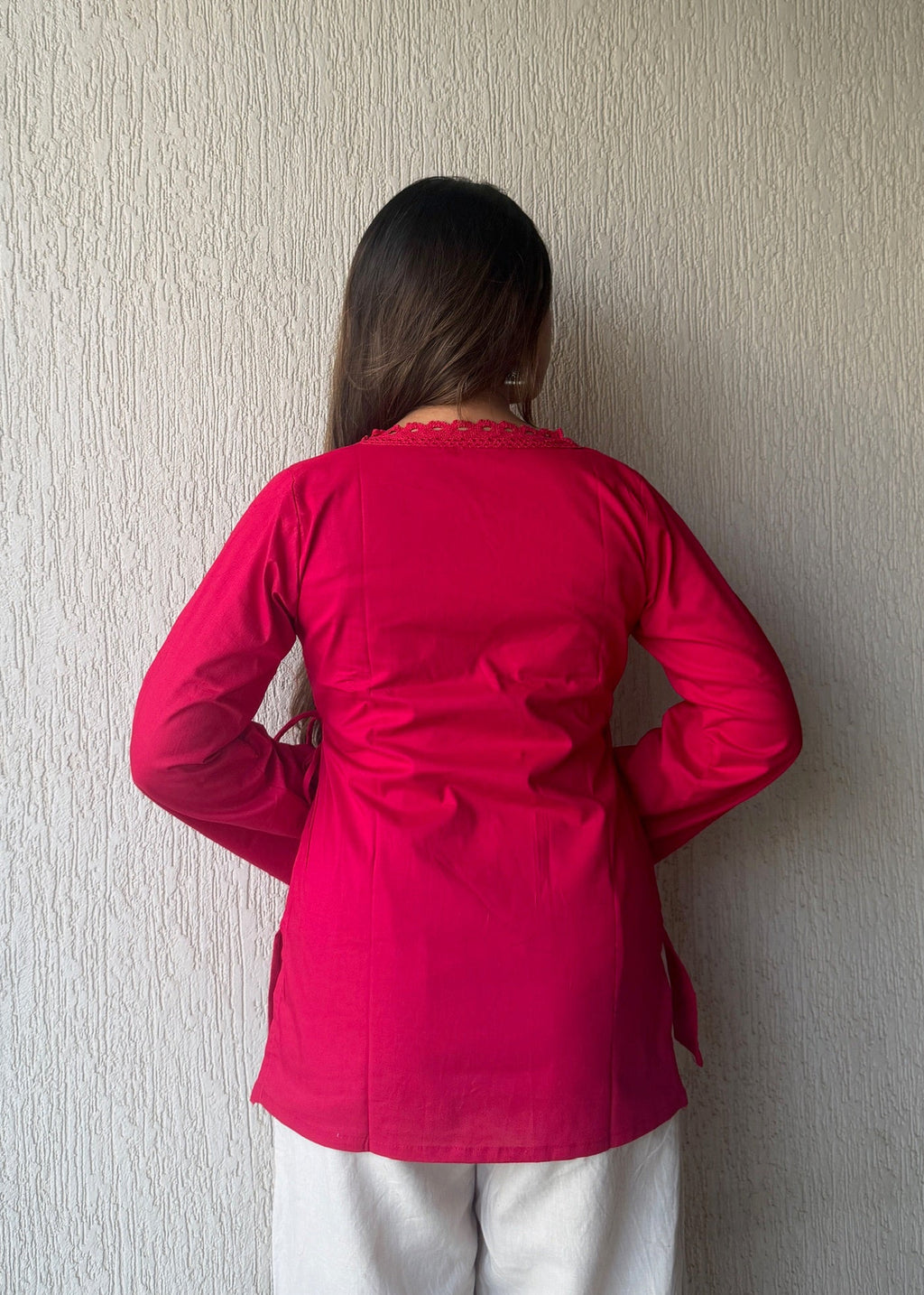 Hot pink solid wrap-tie cotton short kurti