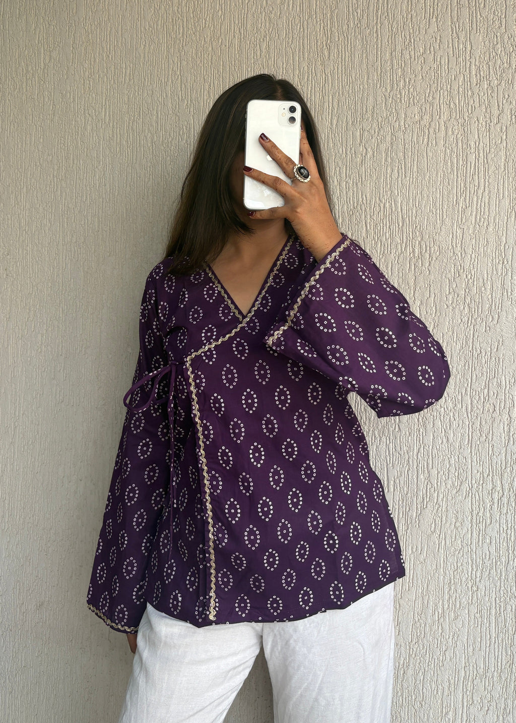 Deep purple bandhani wrap-tie short kurti