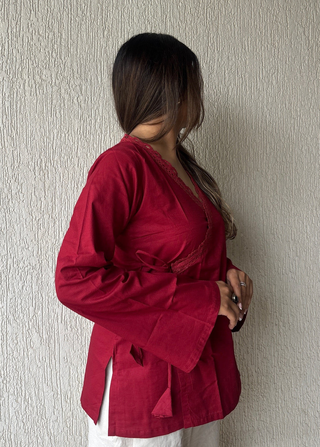 Cherry wrap-tie solid cotton kurti