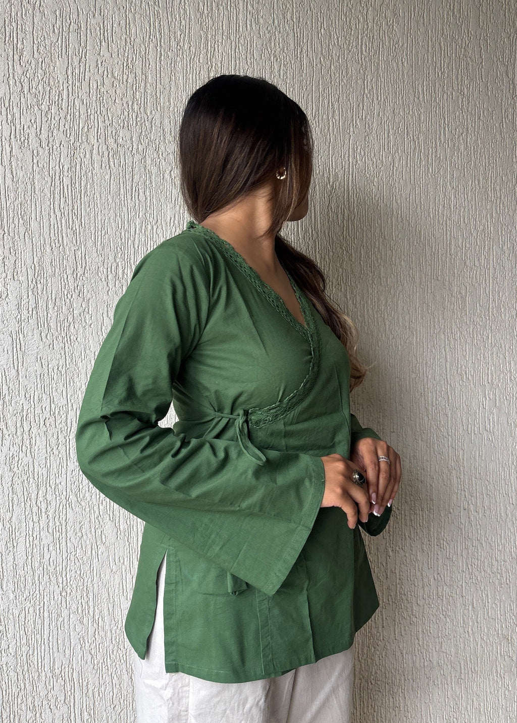 Olive wrap-tie solid cotton kurti